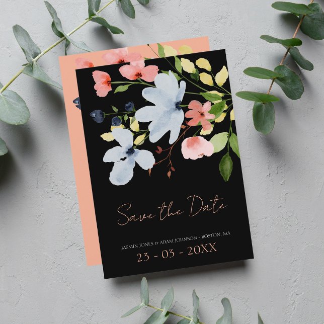 Einfache Boho Black and Pink Floral Wedding Save The Date (Von Creator hochgeladen)