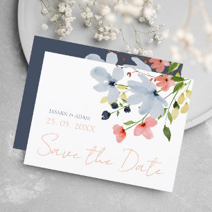 Einfache Boho Blue Pink Blütenhochzeit Sichern Sie Postkarte
