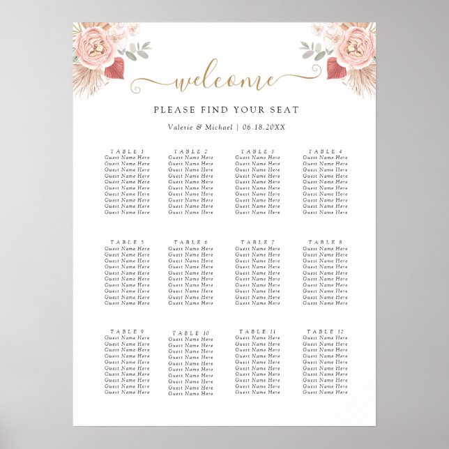 Einfache Boho-Florals Hochzeit Sitzordnung Poster (Vorne)