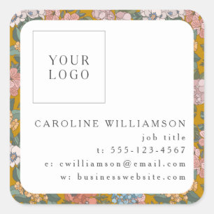 Einfache Boho Gelbe Blütenlogos Weibliche Unterneh Quadratischer Aufkleber