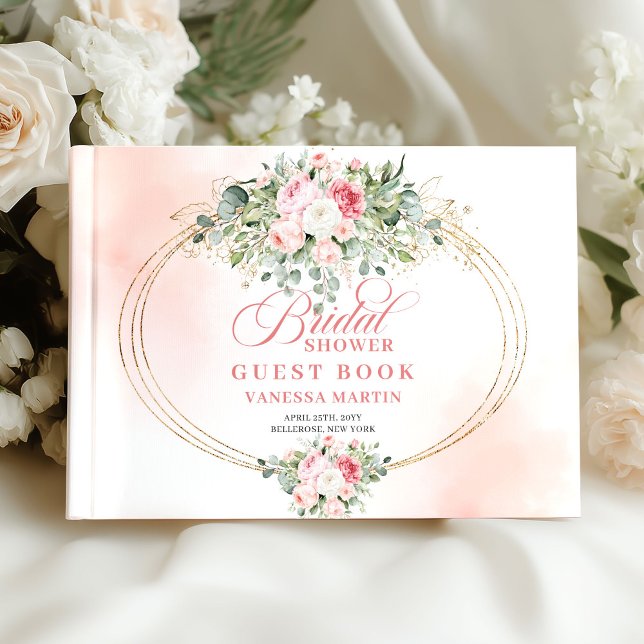 Einfache Boho-Rosa Rosen Grüne Hochzeitsdusche  Gästebuch (Simple Boho Blush Roses Greenery Bridal Shower Book)