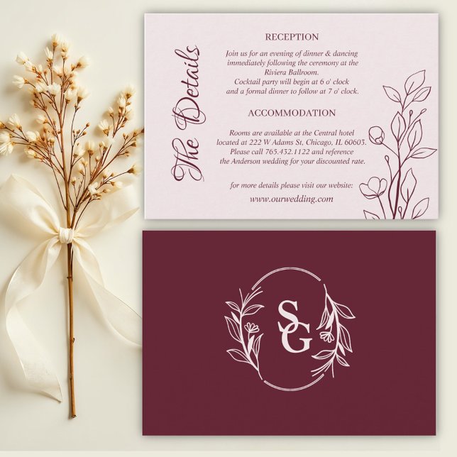 Einfache Boho Ruby Wine Wedding Details Begleitkarte (Von Creator hochgeladen)