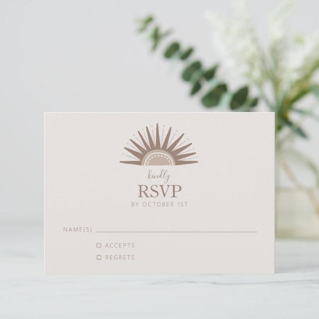 Einfache Boho Sun Brown und Taupe Wedding RSVP Karte (Stehend Vorderseite)