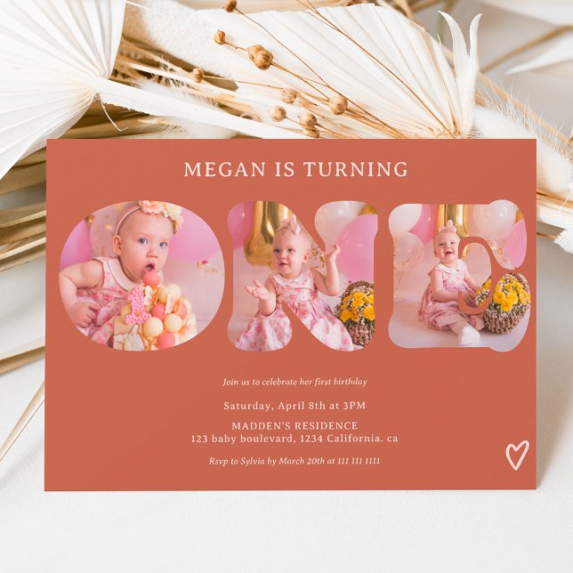 Einfache boho terracotta 3 Fotos 1. Geburtstag Einladung (Von Creator hochgeladen)