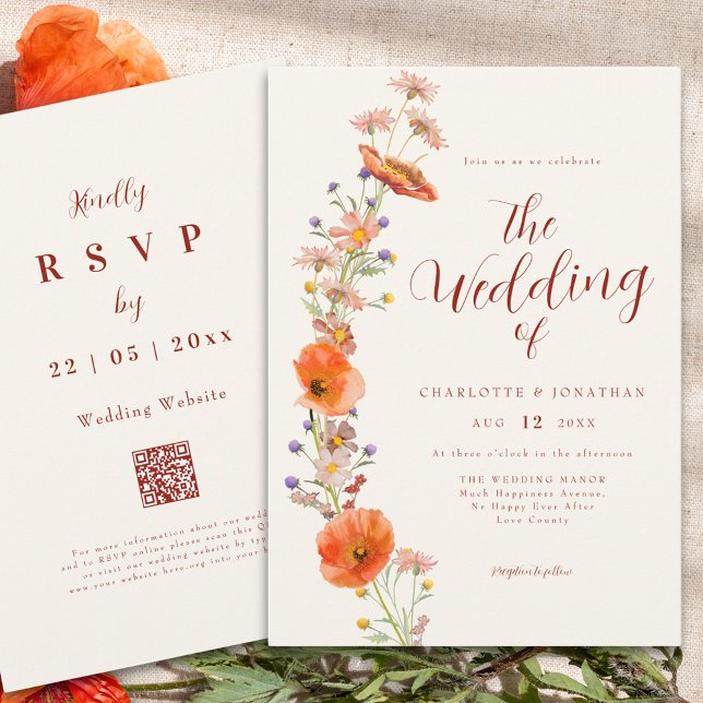 Einfache Boho-Wildblume QR-Code Einladung (Simple wildflower fall wedding qr code invitation in earthy tones)