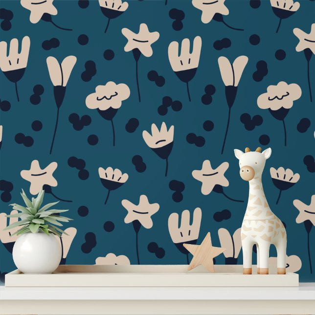 Einfache botanische Abstrakte Blume Blaues Muster Tapete (Von Creator hochgeladen)