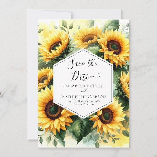 Einfache Botanische Sonnenblumenhochzeit Save The Date (Vorderseite)