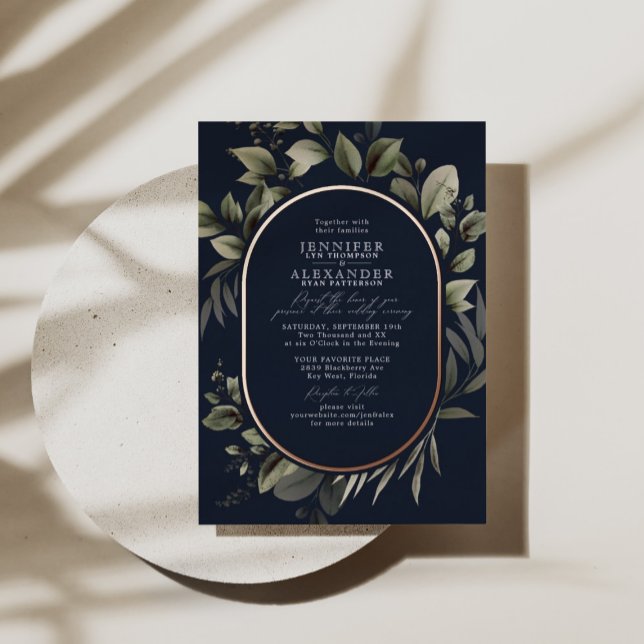 Einfache Botanische und UAWG QR Code Navy Hochzeit Folieneinladung (Von Creator hochgeladen)