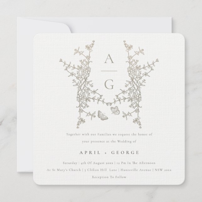 Einfache Botanische Wappen-Monogramm-Hochzeit Einladung (Vorderseite)