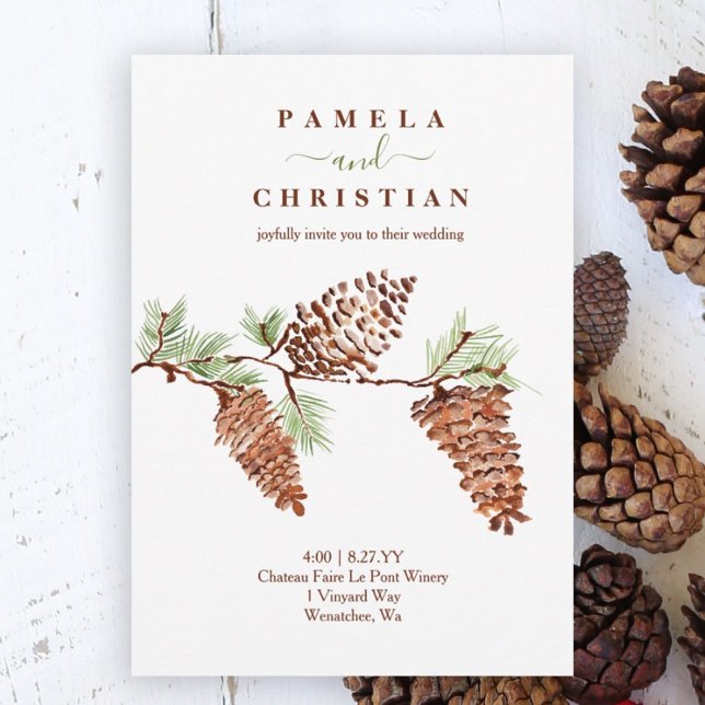 Einfache braune Pinecone, Kiefernnadeln Hochzeitsi Einladung (rustic winter wedding invitation watercolor pinecones pine needles winter plants pine tree artwork)