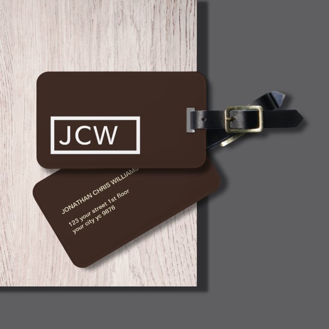 Einfache braune, weiße Rahmen fett Monogramm Gepäckanhänger (Von Creator hochgeladen)