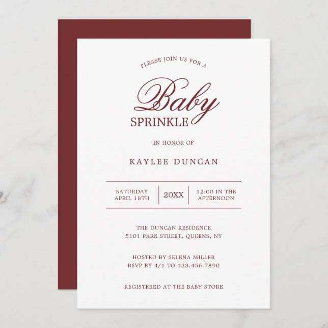 Einfache Brugundy White Gender Neutral Baby Sprink Einladung (Vorne/Hinten)