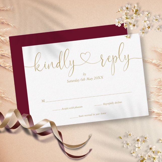 Einfache Burgund und Gold Script Herzlichen freund RSVP Karte (Simple Burgundy And Gold Script Heart Kindly Reply RSVP Card)