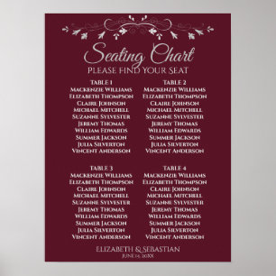 Einfache Burgundy 4 Table Wedding Seating Chart Poster