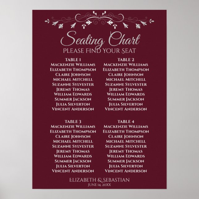 Einfache Burgundy 4 Table Wedding Seating Chart Poster (Vorne)