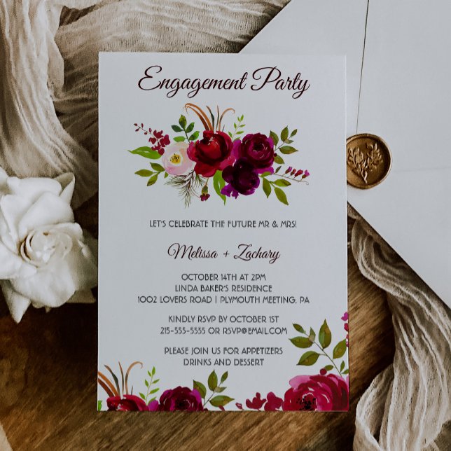 Einfache burgundy-Floral-Engagement-Partei Einladung (Von Creator hochgeladen)