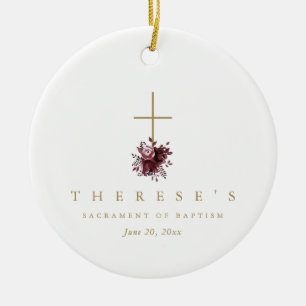 Einfache burgundy florale Cross katholische Taufe Keramik Ornament