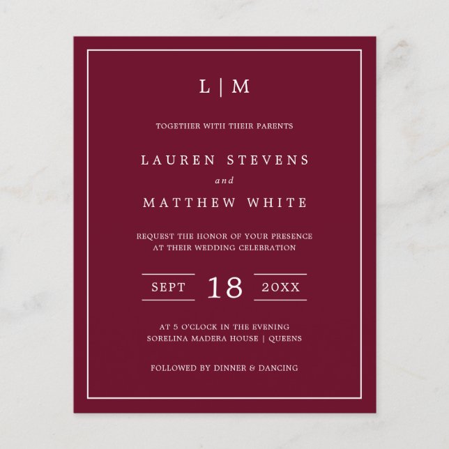 Einfache Burgundy Monogram Hochzeit (Vorderseite)