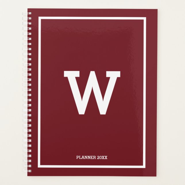 Einfache Burgundy Red Initial Monogram Monthly Planer (Vorderseite)