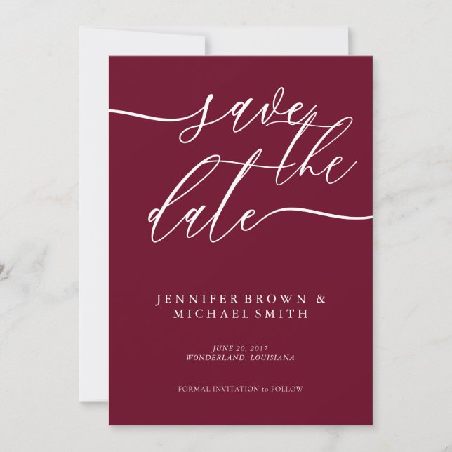 Einfache burgundy-Spezial-Datums-Skript Save The Date (Vorderseite)