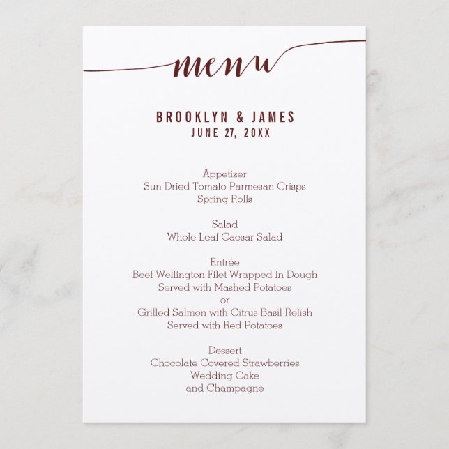 Einfache Burgundy Wedding Menu Cards auf Ecru Papi Menükarte (Vorderseite)