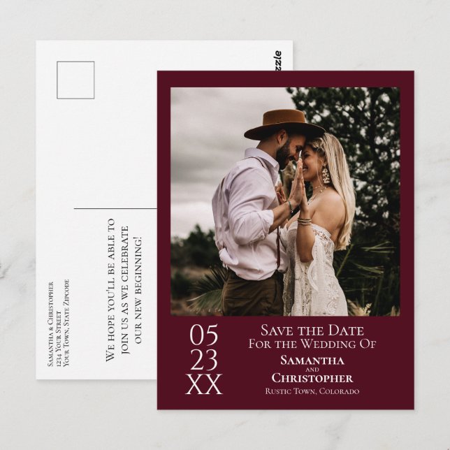 Einfache Burgundy Wedding Save the Date Foto Postkarte (Vorne/Hinten)