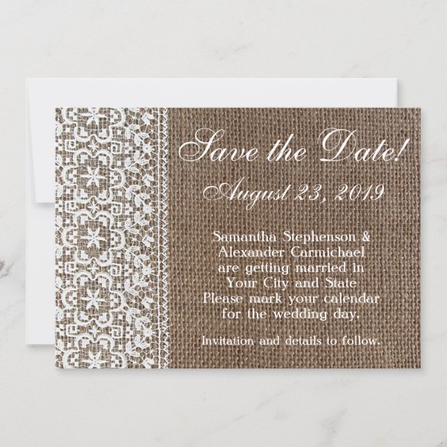 Einfache Burlap- und Lace-Save the Date Save The Date (Vorderseite)