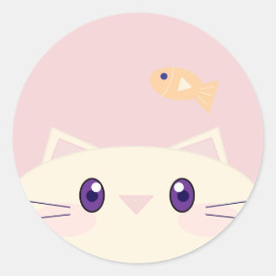 Einfache Cartoon-Katze mit Goldfisch-Rundsticker Runder Aufkleber