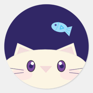 Einfache Cartoon-Katze mit Goldfisch-Rundsticker Runder Aufkleber