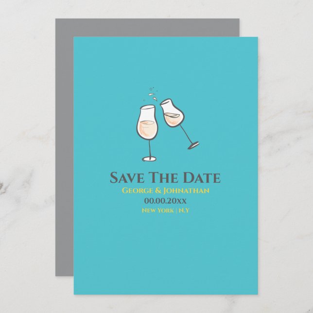 Einfache Champagnerbrille Toast schwul lesbisch Save The Date (Vorne/Hinten)