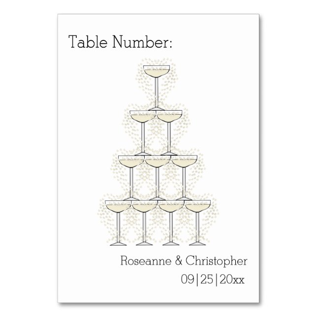 Einfache Champagnergläser Hochzeit Tischnummer (Vorderseite)