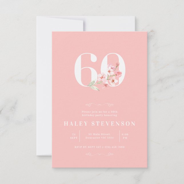 Einfache Chic Blush Pink Weiße Blüte 60. Geburtsta Einladung (Vorderseite)