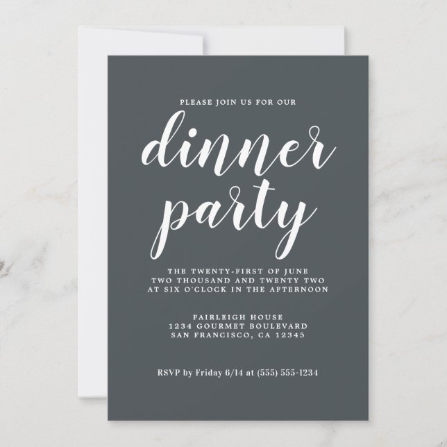 Einfache Chic Calligraphie Off Black Dinner Party Einladung (Vorderseite)