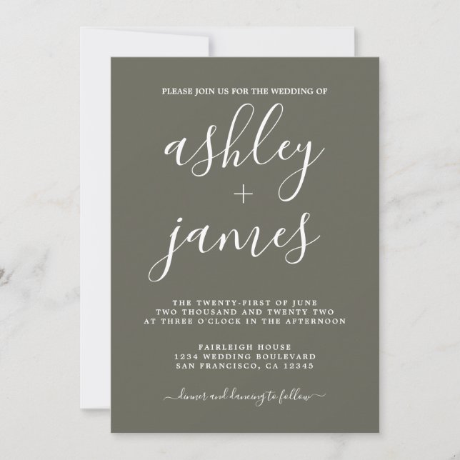 Einfache Chic Calligraphy Dusty Olive Wedding Einladung (Vorderseite)