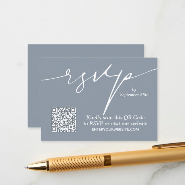 Einfache Chic Dusty Blue QR Code Hochzeit Begleitkarte (Vorderseite/Rückseite Beispiel)