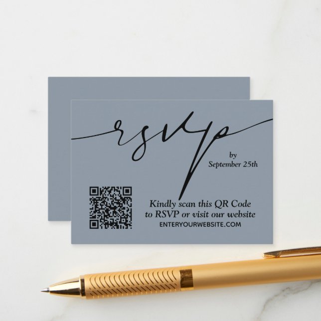 Einfache Chic Dusty Blue QR Code Hochzeit Begleitkarte (Vorderseite/Rückseite Beispiel)