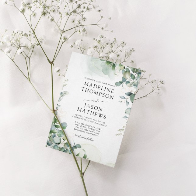 Einfache Chic Eukalyptus Wash Gold Grüne Hochzeit Einladung (Von Creator hochgeladen)