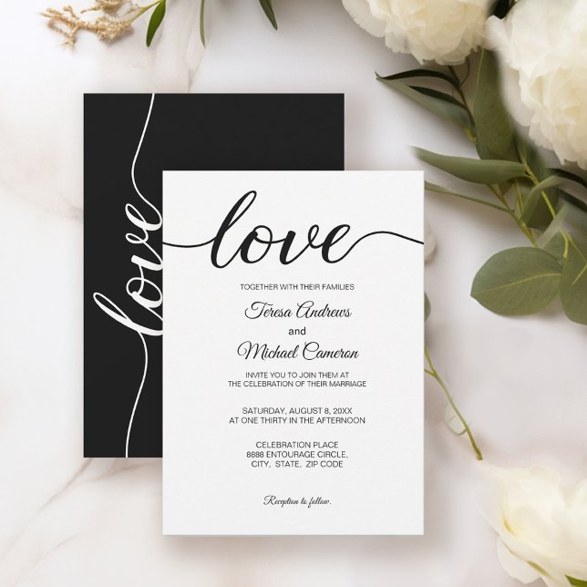 Einfache Chic-Liebe Schwarz-weiße Hochzeit Einladung (Classic Black and white love script wedding invite.)