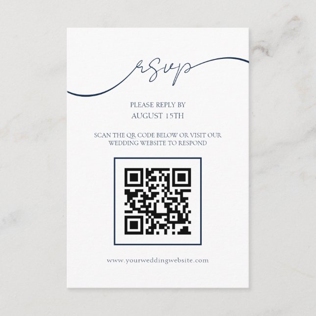 Einfache Chic Navy Blue QR Code Hochzeit RSVP Kart Begleitkarte (Vorderseite)