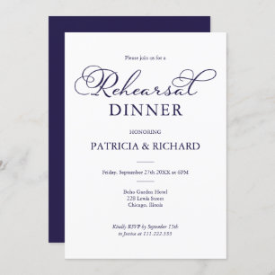Einfache Chic Navy Blue Script Probe Dinner Einladung