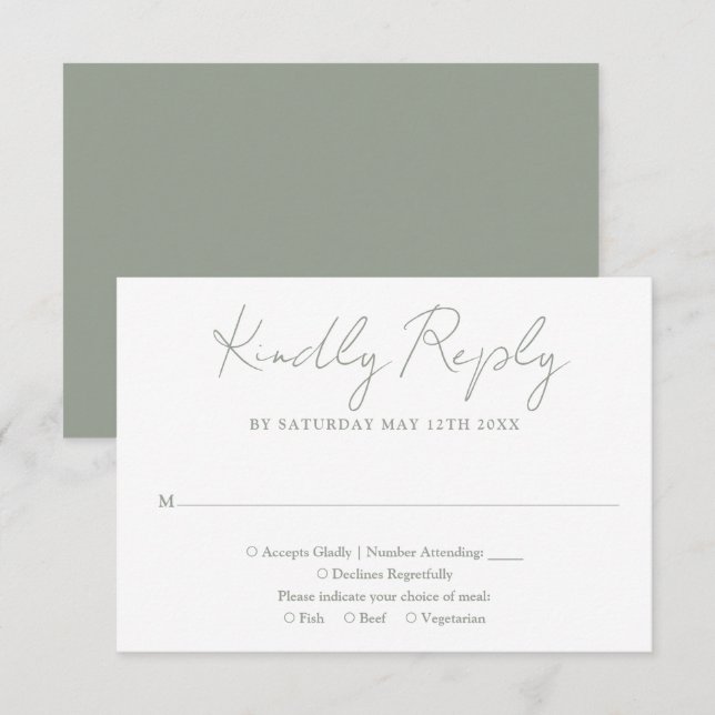 Einfache Chic Sage Green Elegante Script Hochzeit RSVP Karte (Vorne/Hinten)