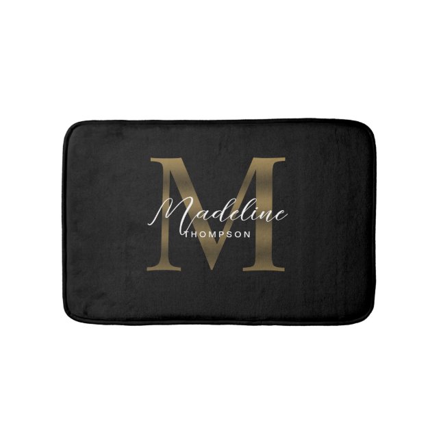 Einfache Chic Script Metallic Black Gold Monogram Badematte (Vorderseite)
