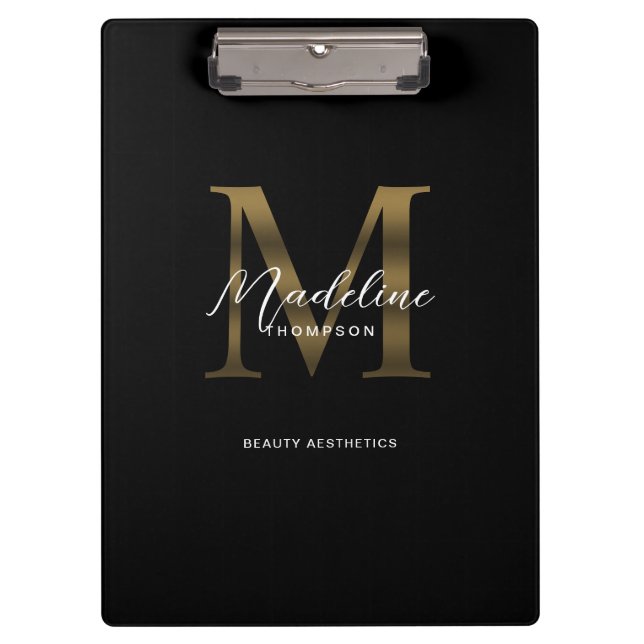 Einfache Chic Script Metallic Black Gold Monogram Klemmbrett (Vorderseite)
