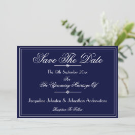 Einfache Chic Script Names Navy Save the Date Ankündigung