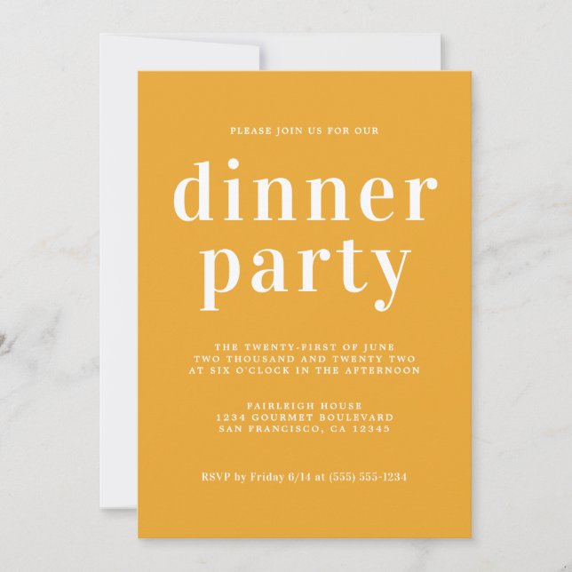 Einfache Chic Typografie Mellow Yellow Dinner Part Einladung (Vorderseite)