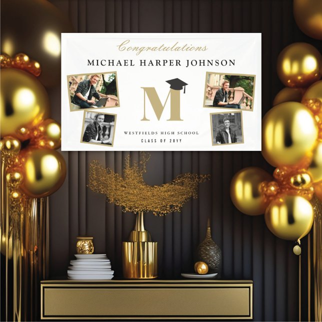 Einfache Classic Monogram 4 Foto Graduation Party Banner (Simple Classic Gold / White Monogram 4 Photo Graduation Party Banner @ www.zazzle.com/color_therapy)