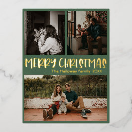 Einfache Classic Weihnachten Grün Drei Foto Gold Folien Feiertagspostkarte