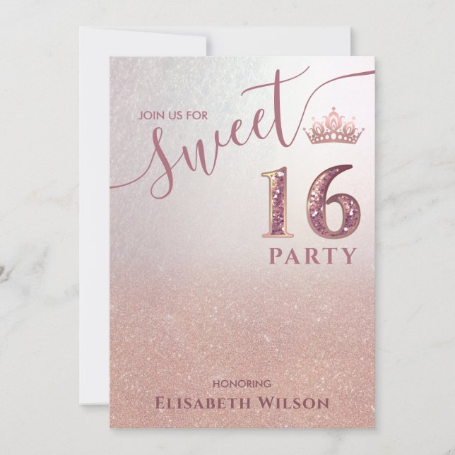 Einfache Coole Rose Goldtiara, süß 16 Einladung (Vorderseite)