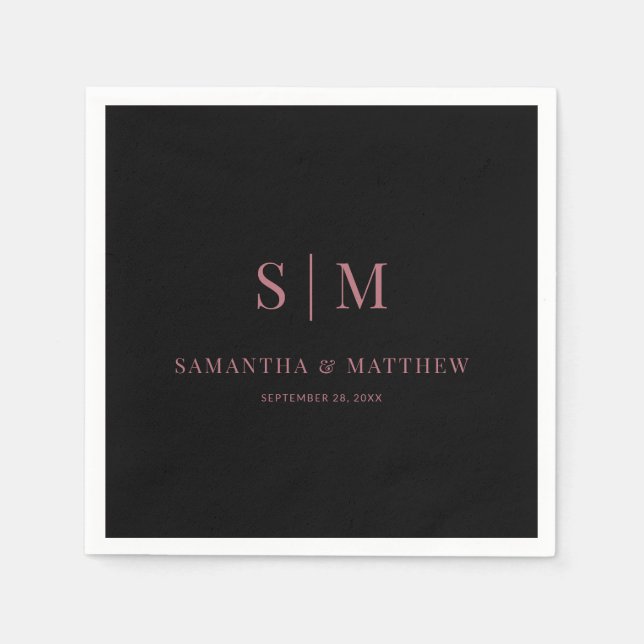 Einfache Couple Initials Black and Rose Gold Hochz Serviette (Vorderseite)