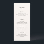 Einfache Cream Elegante Hochzeit Menükarte<br><div class="desc">Modernes Hochzeitsmenü mit einem einfachen Design und einer Kombination aus zeitgenössischem serifenem Sans-Schriftart,  elegantem Drehbuch und kursivem Schriftart.</div>